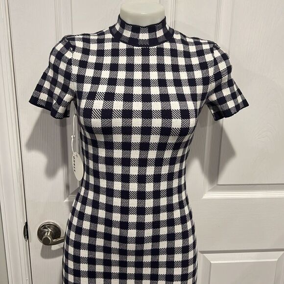 Staud Heli navy & white gingham short sleeve fitted midi dress size Small NWT - Picture 3 of 10